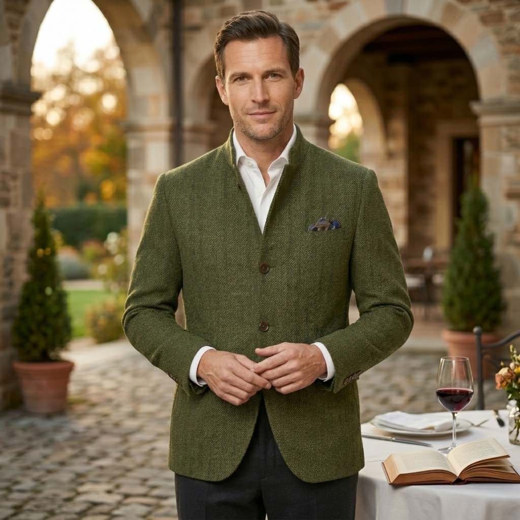 Man wearing an olive green textured wool blazer with a stand collar and blue pocket square while standing outdoors.