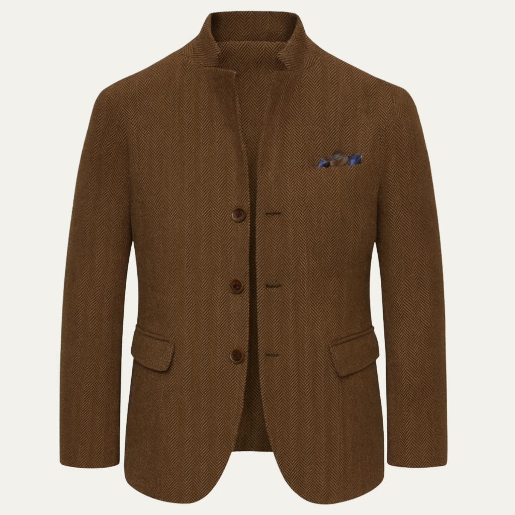 Men's brown textured wool blazer with a stand collar, button-front closure, flap pockets, rounded hem, and blue pocket square.