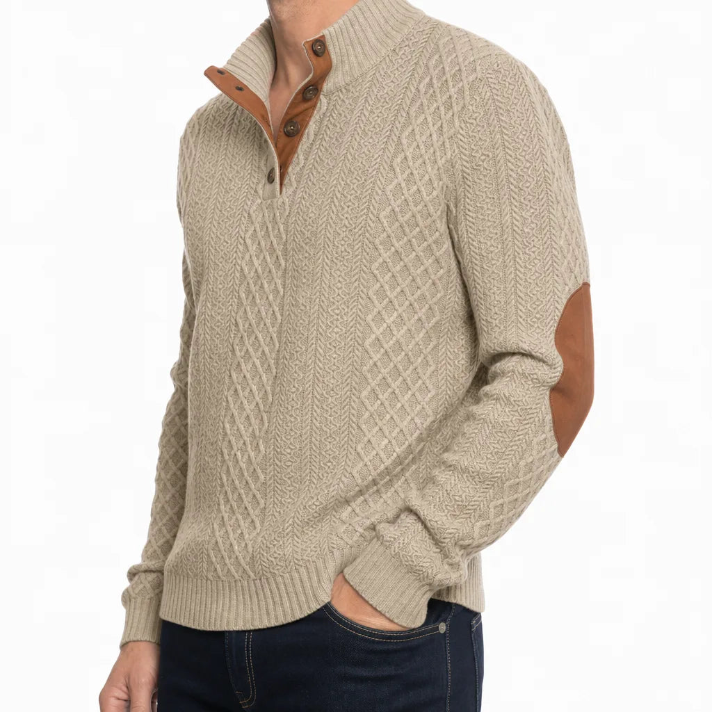 Mauro Cable Knit Mock Neck Sweater – Button Placket Elbow Patch Ribbed Pullover