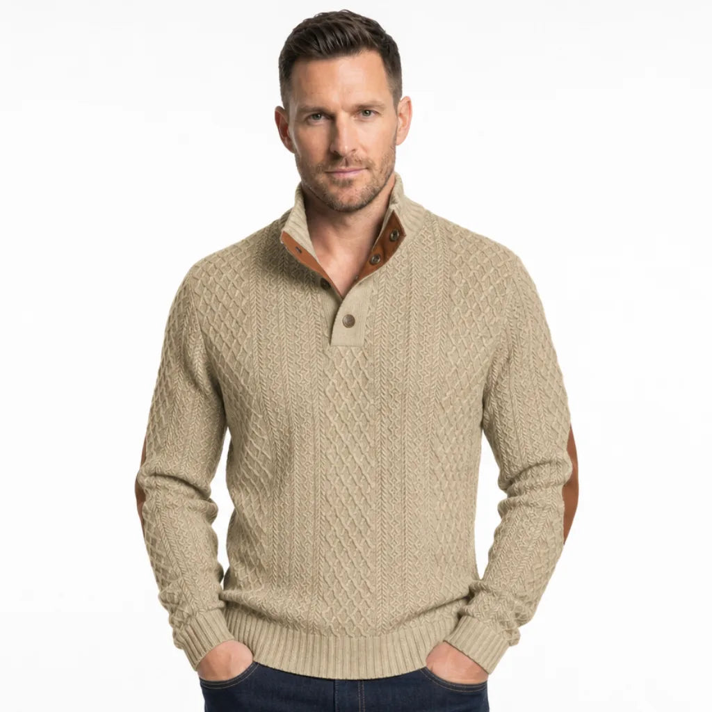 Mauro Cable Knit Mock Neck Sweater – Button Placket Elbow Patch Ribbed Pullover