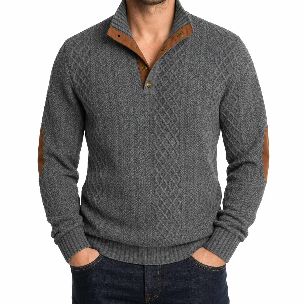 Mauro Cable Knit Mock Neck Sweater – Button Placket Elbow Patch Ribbed Pullover