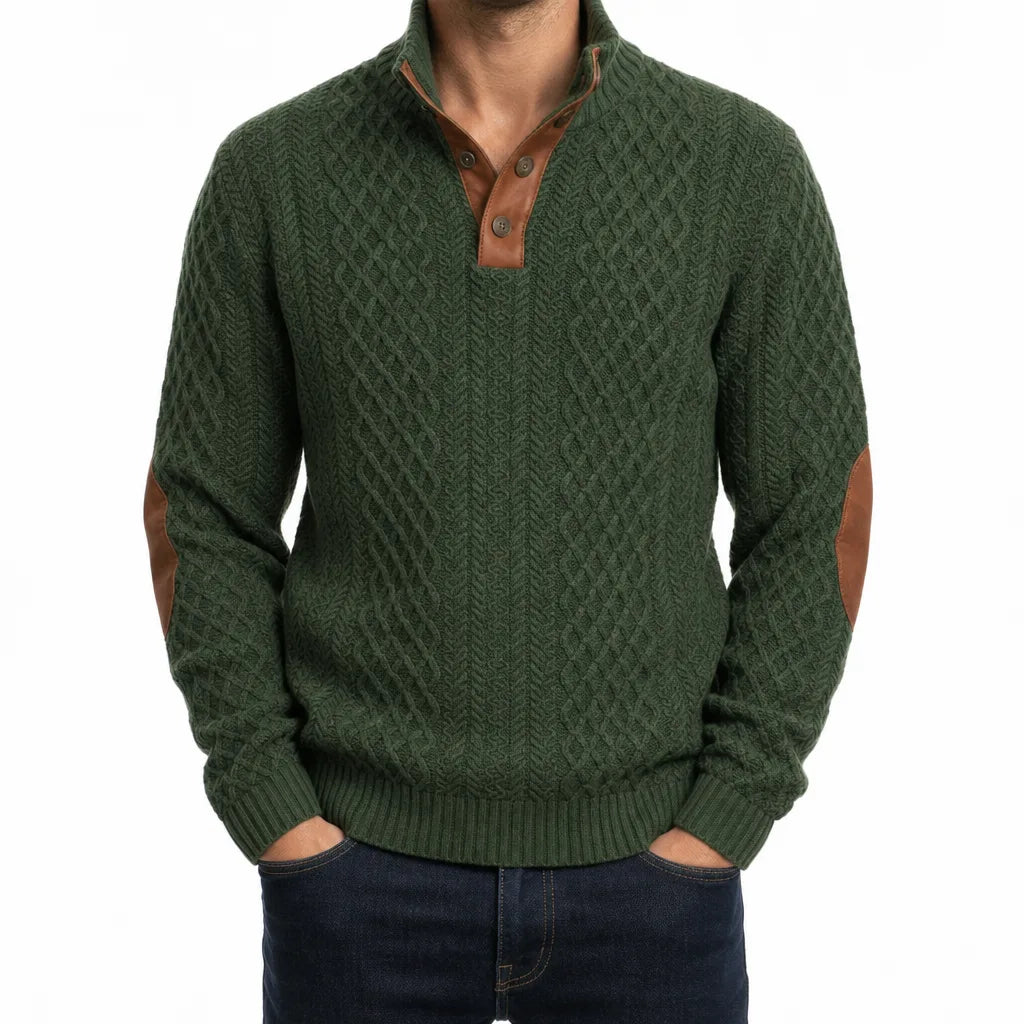 Mauro Cable Knit Mock Neck Sweater – Button Placket Elbow Patch Ribbed Pullover