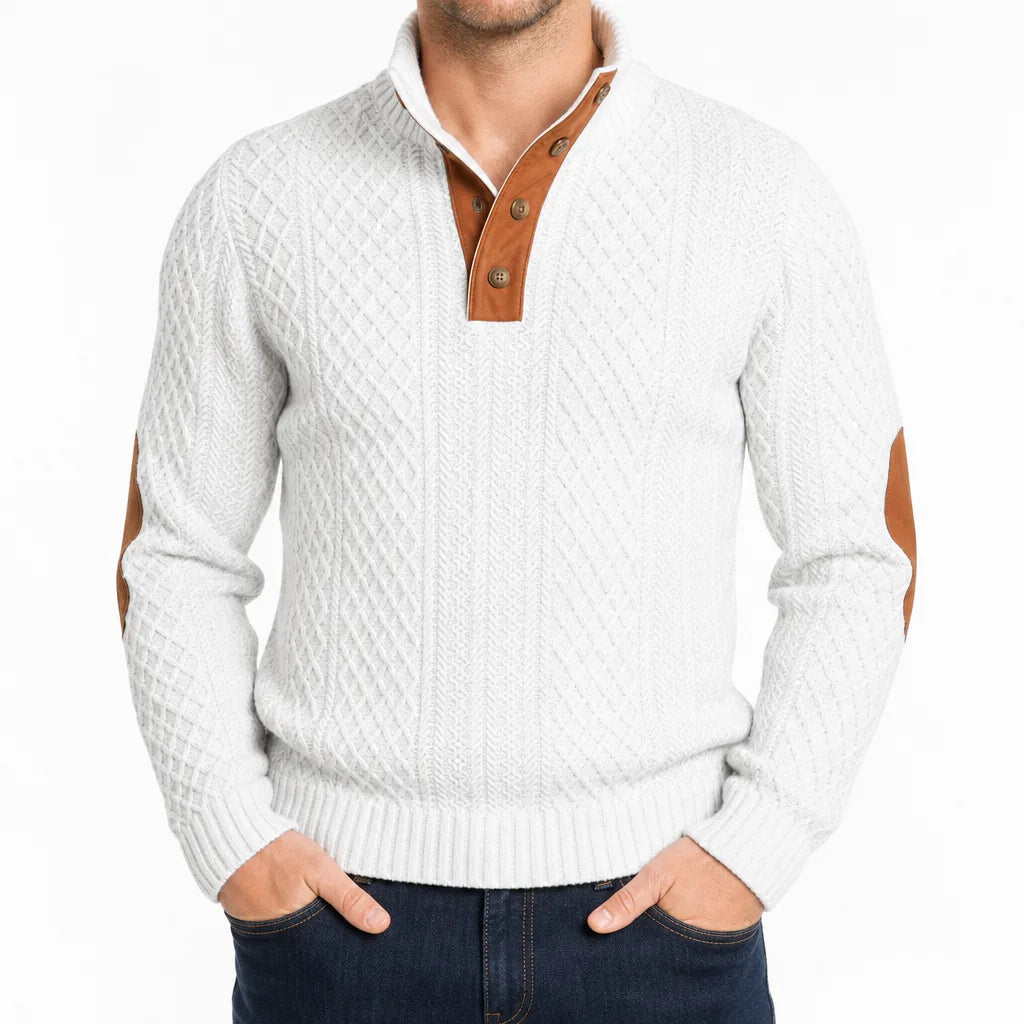 Mauro Cable Knit Mock Neck Sweater – Button Placket Elbow Patch Ribbed Pullover