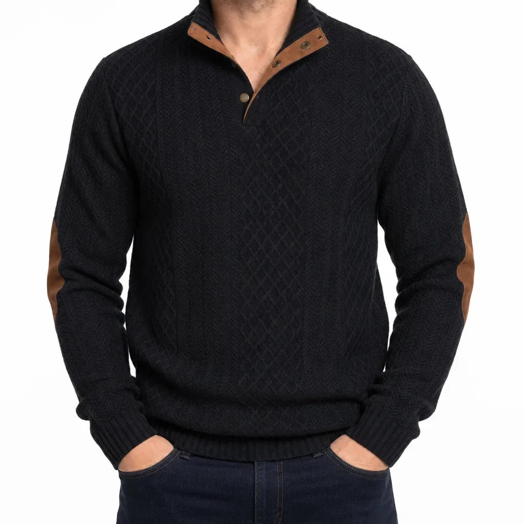 Mauro Cable Knit Mock Neck Sweater – Button Placket Elbow Patch Ribbed Pullover