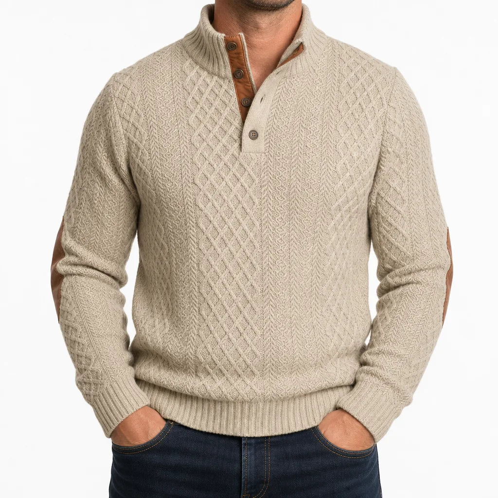 Mauro Cable Knit Mock Neck Sweater – Button Placket Elbow Patch Ribbed Pullover