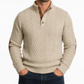 Mauro Cable Knit Mock Neck Sweater – Button Placket Elbow Patch Ribbed Pullover