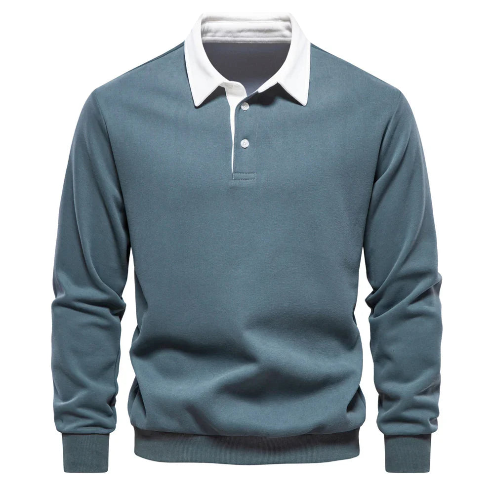 Mauro Cotton Fleece Rugby Shirt – Contrast Collar Ribbed Cuffs Pullover Top
