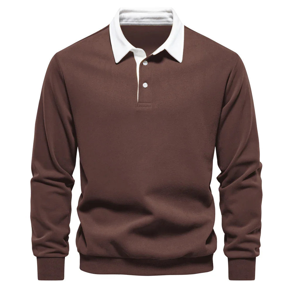 Mauro Cotton Fleece Rugby Shirt – Contrast Collar Ribbed Cuffs Pullover Top