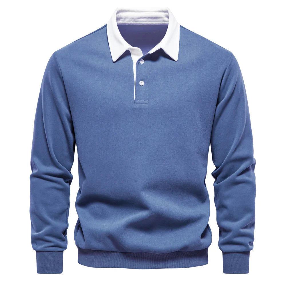 Mauro Cotton Fleece Rugby Shirt – Contrast Collar Ribbed Cuffs Pullover Top