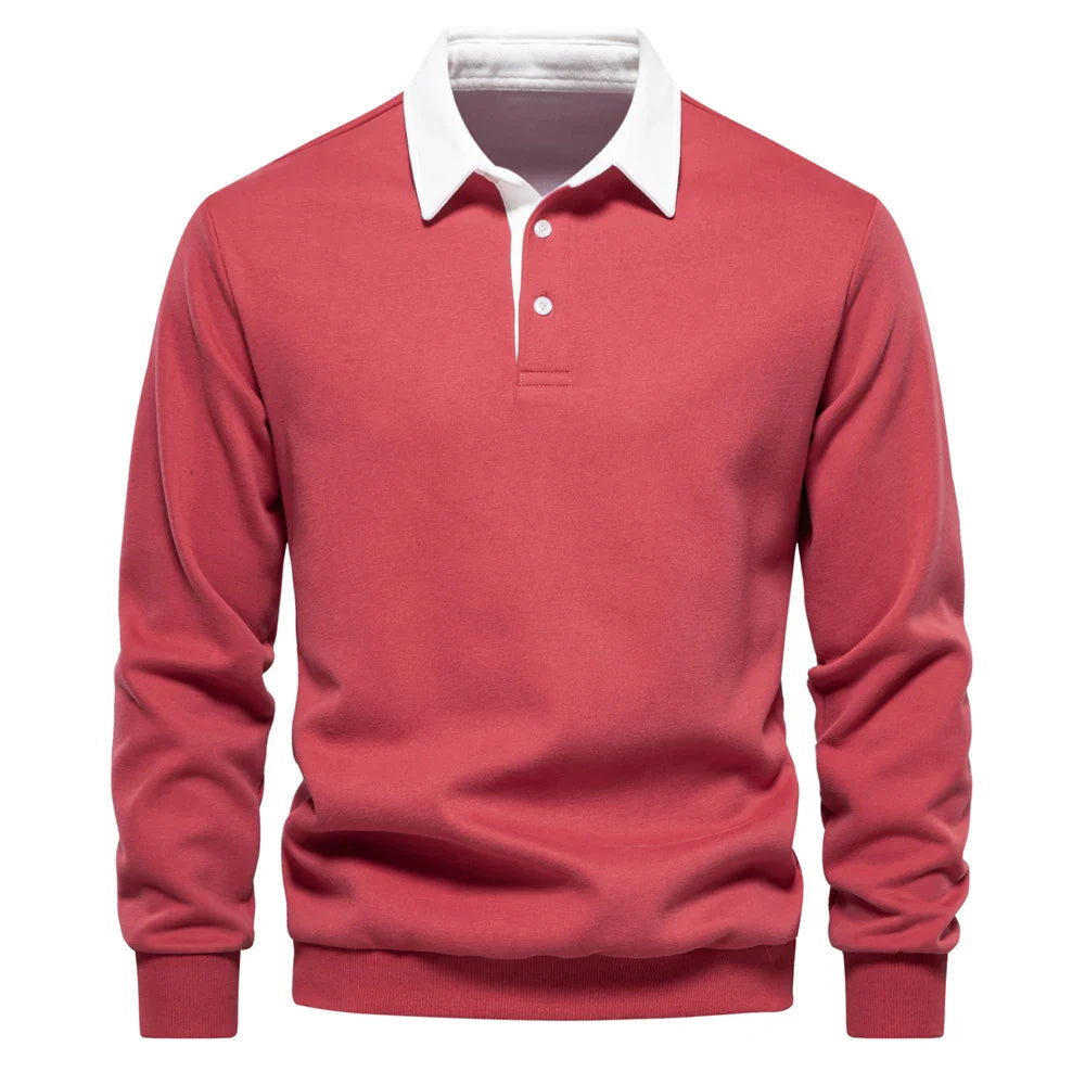 Mauro Cotton Fleece Rugby Shirt – Contrast Collar Ribbed Cuffs Pullover Top
