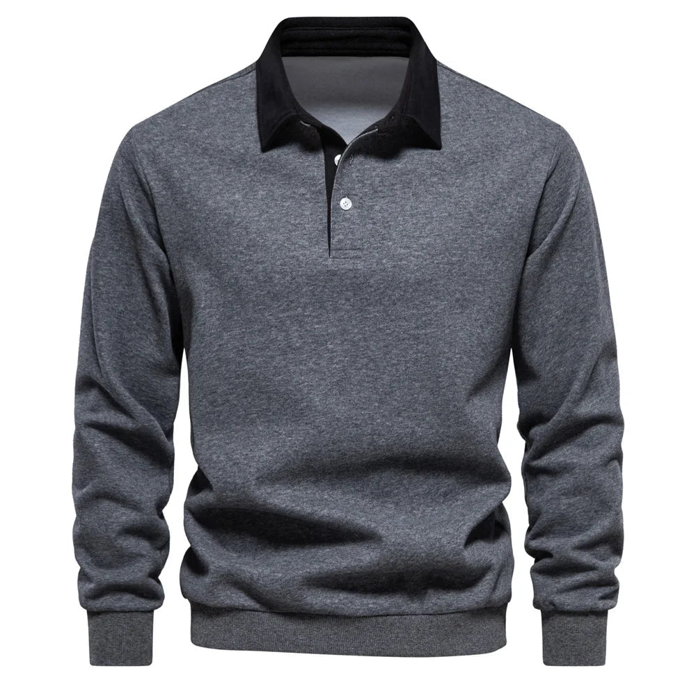 Mauro Cotton Fleece Rugby Shirt – Contrast Collar Ribbed Cuffs Pullover Top