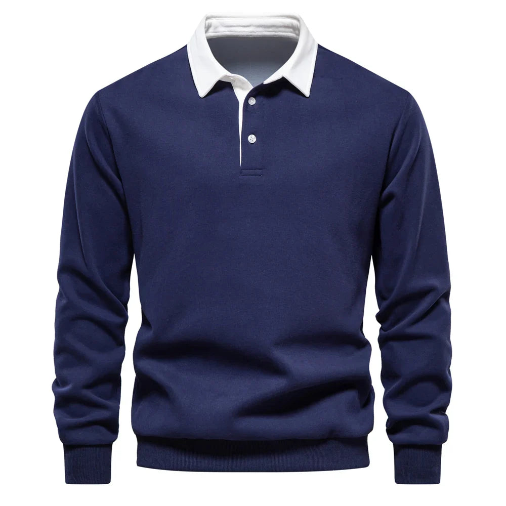 Mauro Cotton Fleece Rugby Shirt – Contrast Collar Ribbed Cuffs Pullover Top