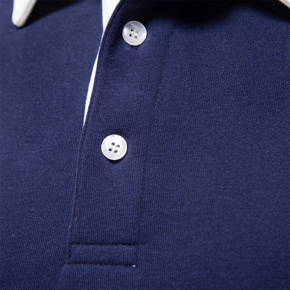 Mauro Cotton Fleece Rugby Shirt – Contrast Collar Ribbed Cuffs Pullover Top