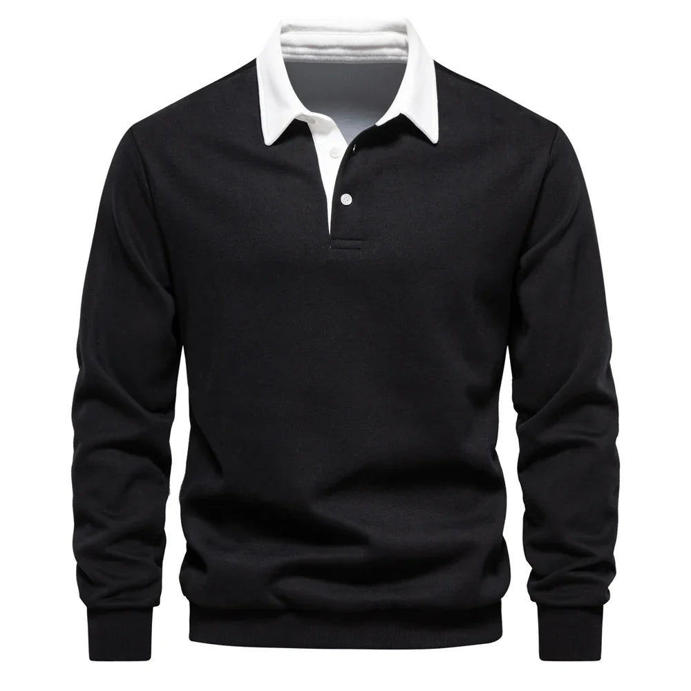 Mauro Cotton Fleece Rugby Shirt – Contrast Collar Ribbed Cuffs Pullover Top