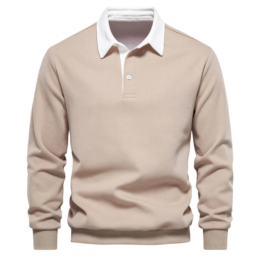Mauro Cotton Fleece Rugby Shirt – Contrast Collar Ribbed Cuffs Pullover Top