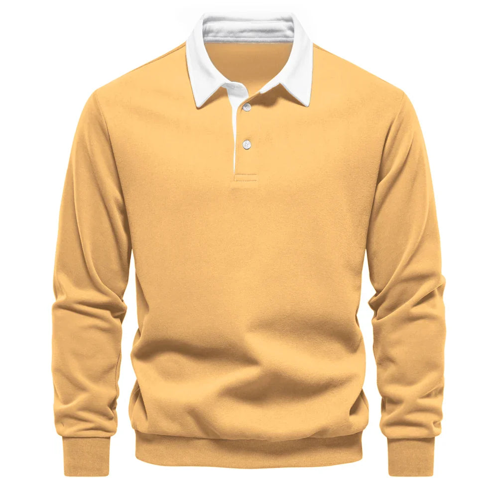 Mauro Cotton Fleece Rugby Shirt – Contrast Collar Ribbed Cuffs Pullover Top