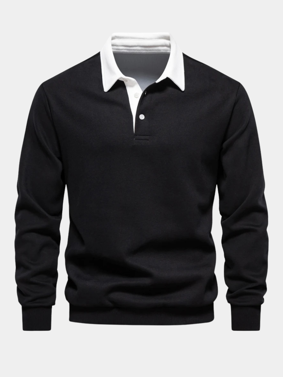 Mauro Cotton Fleece Rugby Shirt – Contrast Collar Ribbed Cuffs Pullover Top