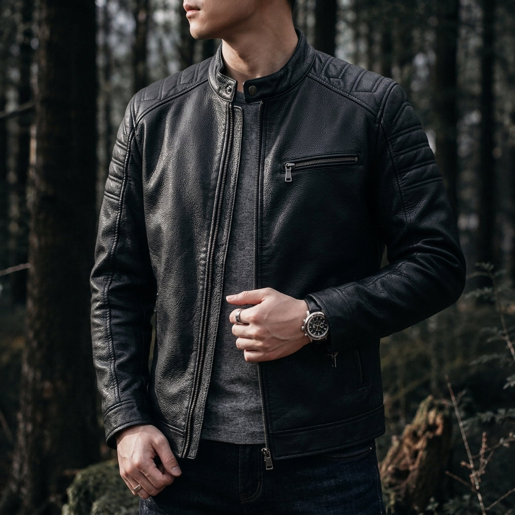 Mauro Premium Leather Moto Jacket – Quilted-Shoulder Zip-Pocket Snap-Collar Outerwear