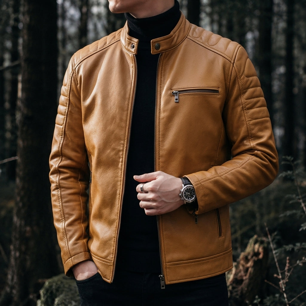 Mauro Premium Leather Moto Jacket – Quilted-Shoulder Zip-Pocket Snap-Collar Outerwear