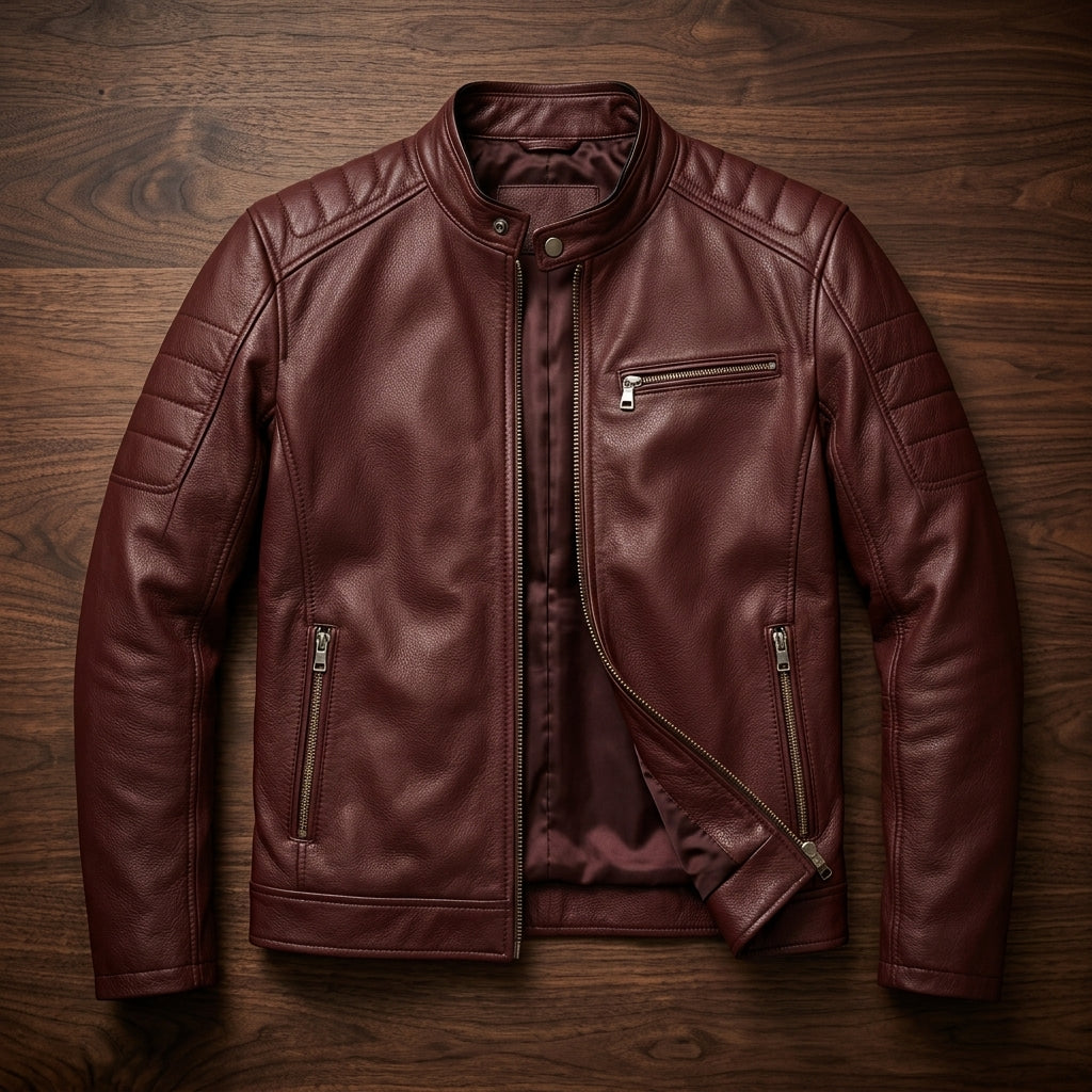 Mauro Premium Leather Moto Jacket – Quilted-Shoulder Zip-Pocket Snap-Collar Outerwear