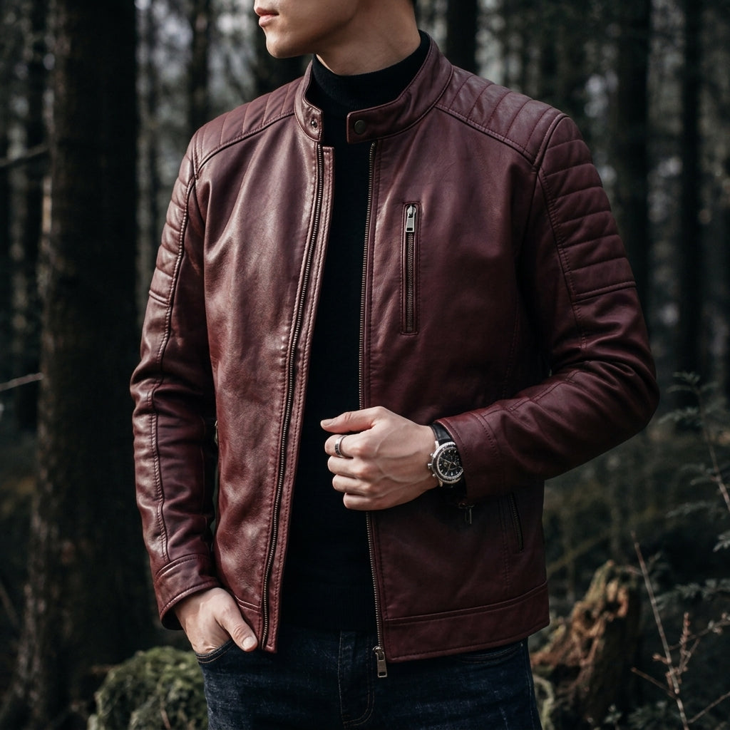 Mauro Premium Leather Moto Jacket – Quilted-Shoulder Zip-Pocket Snap-Collar Outerwear