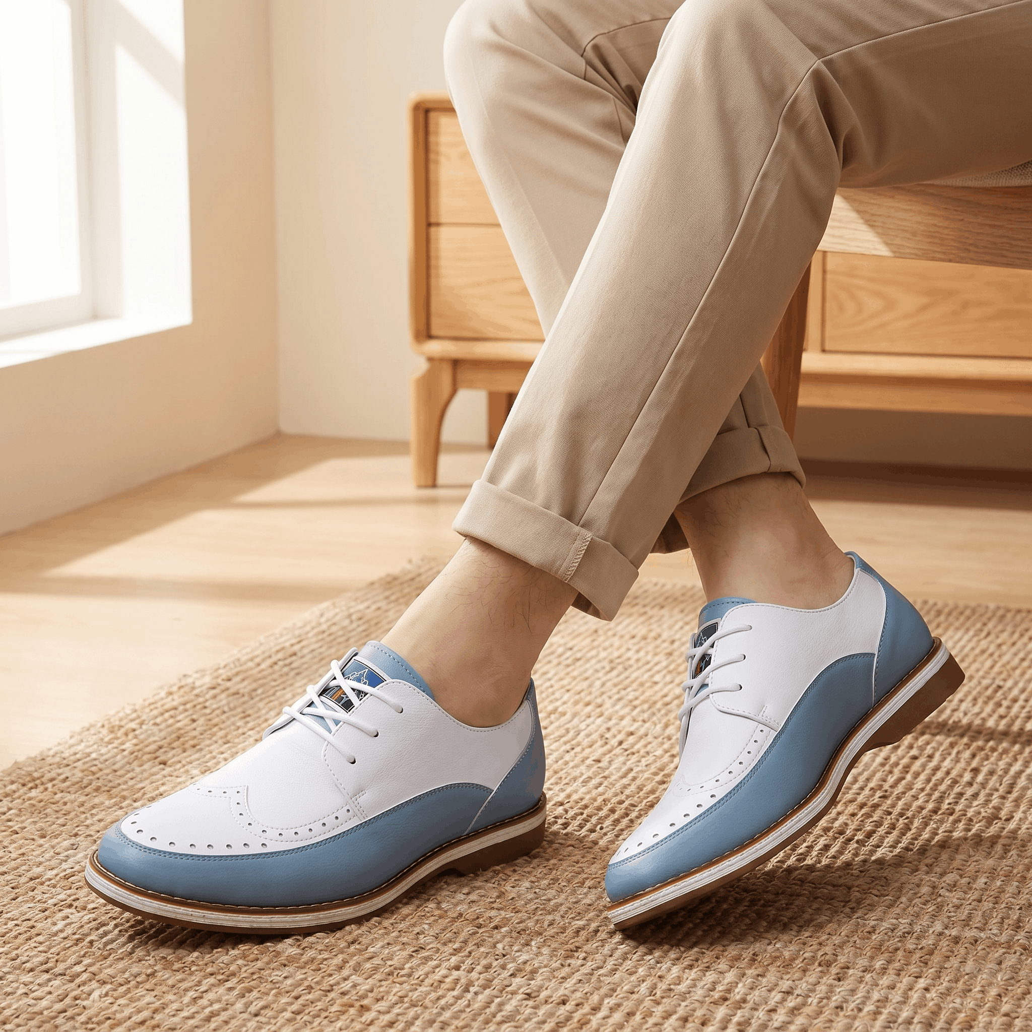 Close-up of crossed ankles wearing beige trousers and white and blue two-tone Mauro brogues on a jute rug near a wooden dresser