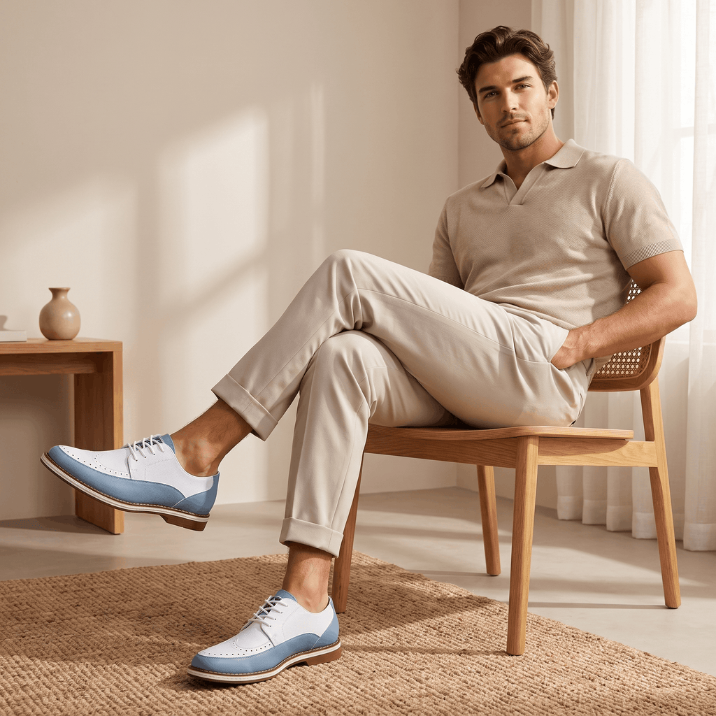 Man in beige polo shirt seated on wooden chair with legs crossed, wearing white and blue two-tone Mauro brogues, in a bright room with sheer curtains