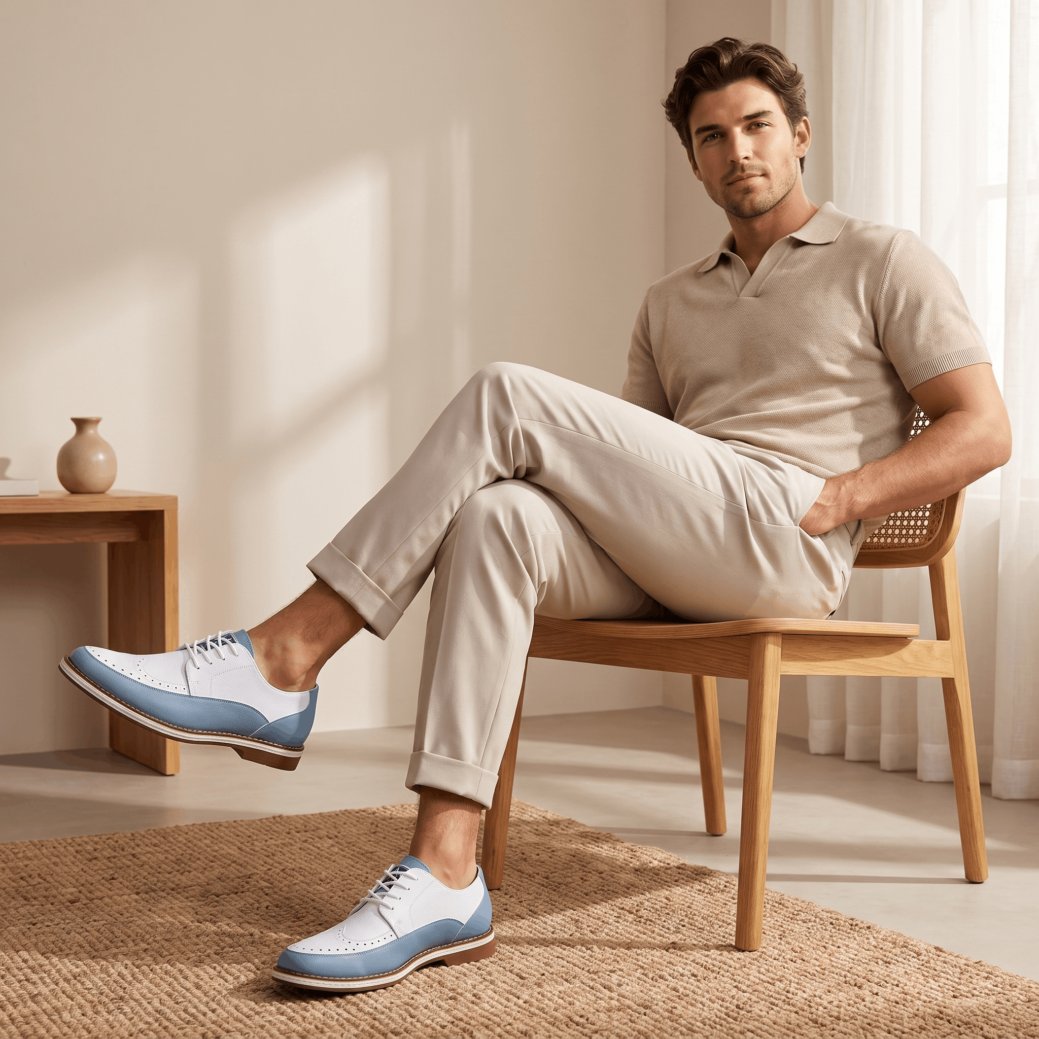 Man in beige polo shirt seated on wooden chair with legs crossed, wearing white and blue two-tone Mauro brogues, in a bright room with sheer curtains