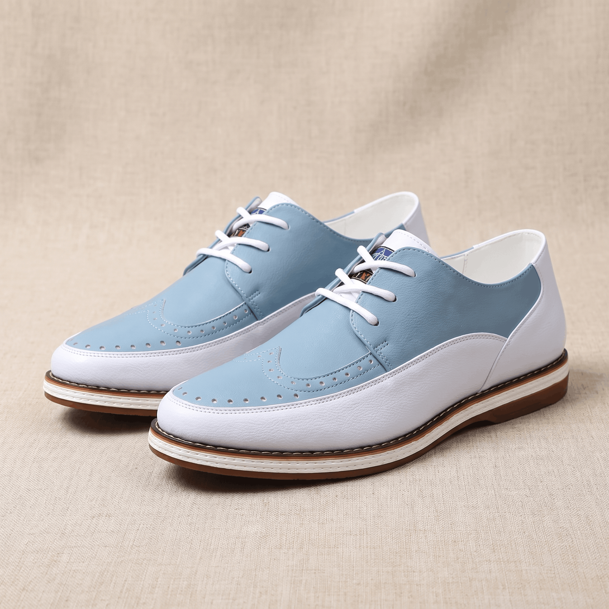 Pair of white and blue two-tone leather Mauro brogues with perforated wingtip detailing, resting on a beige fabric backdrop