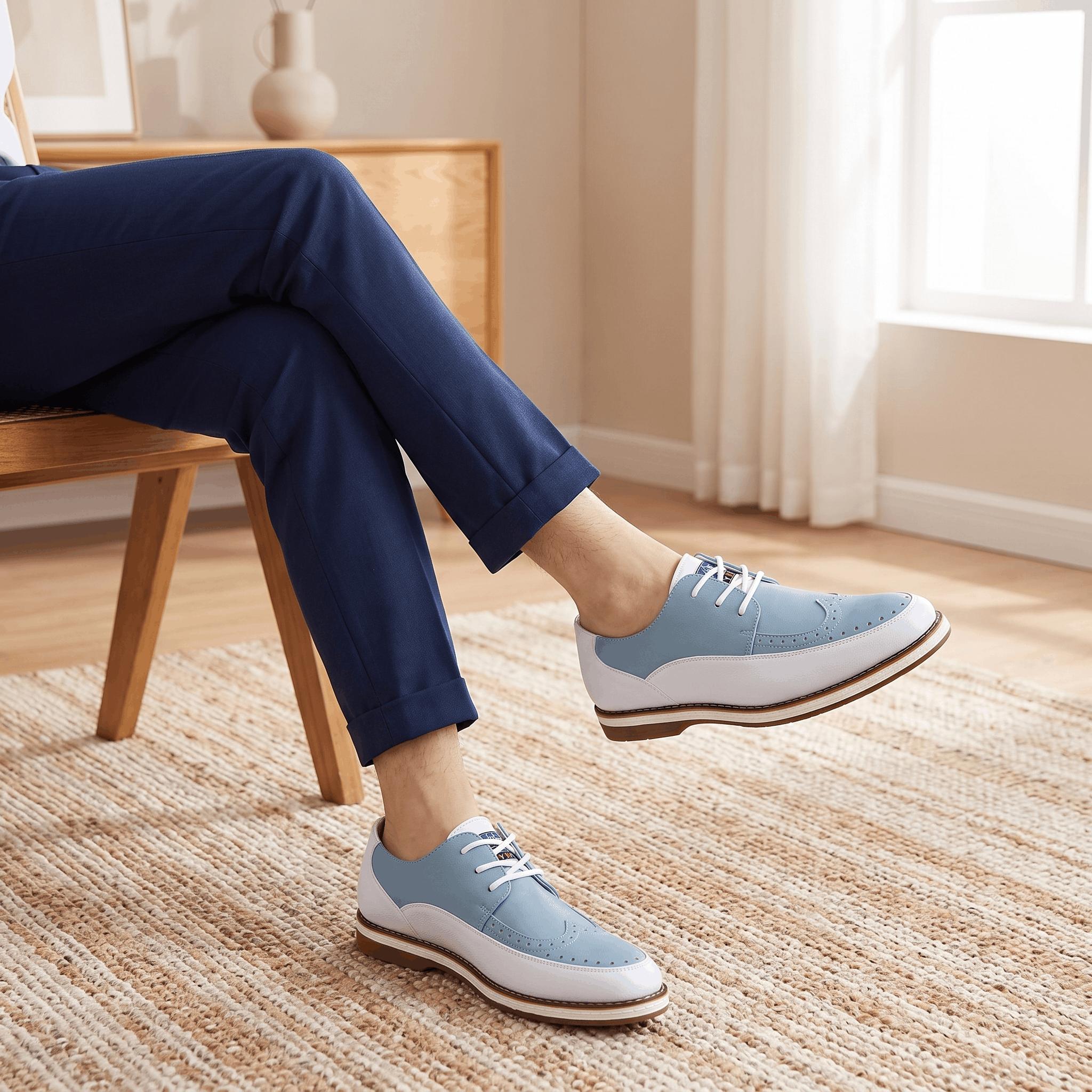 Man in navy trousers seated with legs extended, wearing white and blue two-tone Mauro brogues, in a sunlit room on a jute rug