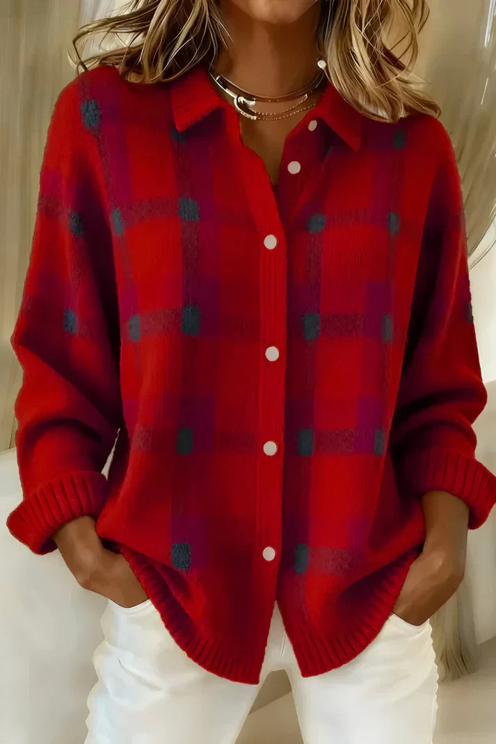 Melody Plaid Knit Button-Up Sweater – Relaxed Fit Ribbed Cuffs Collared Top