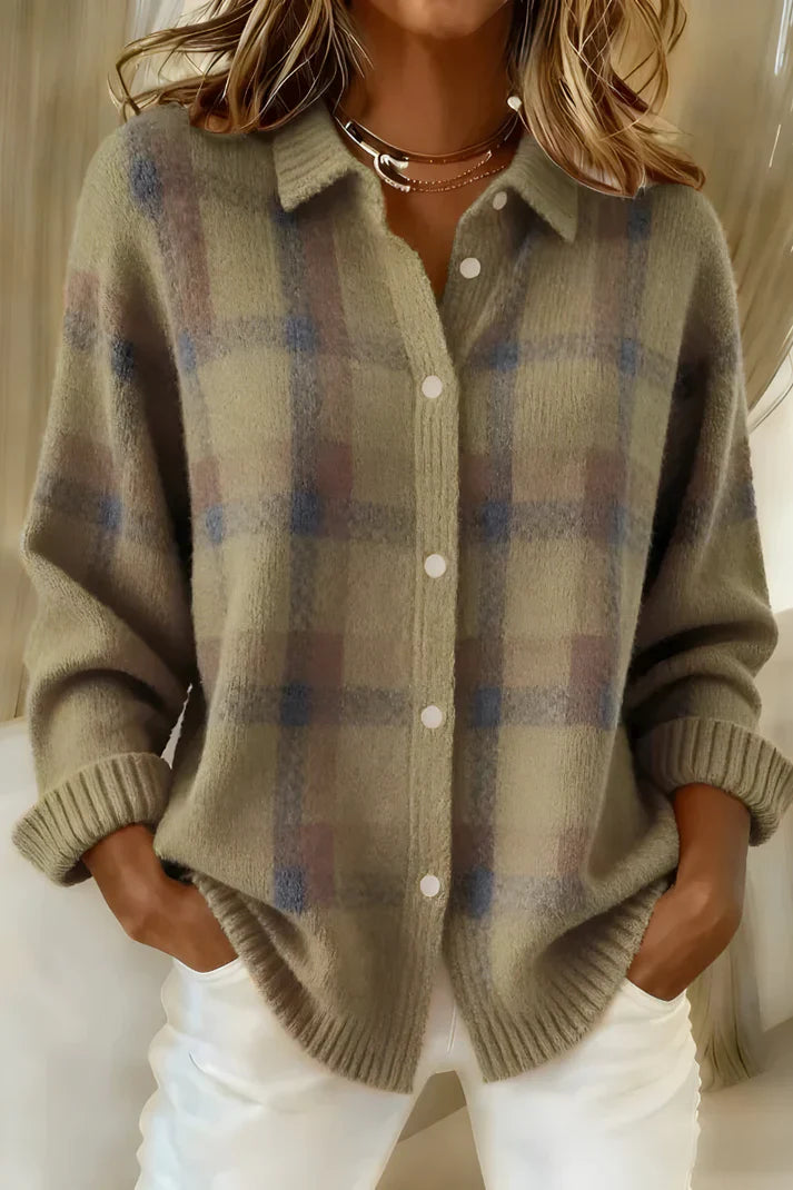 Melody Plaid Knit Button-Up Sweater – Relaxed Fit Ribbed Cuffs Collared Top