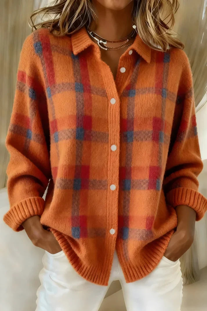 Melody Plaid Knit Button-Up Sweater – Relaxed Fit Ribbed Cuffs Collared Top