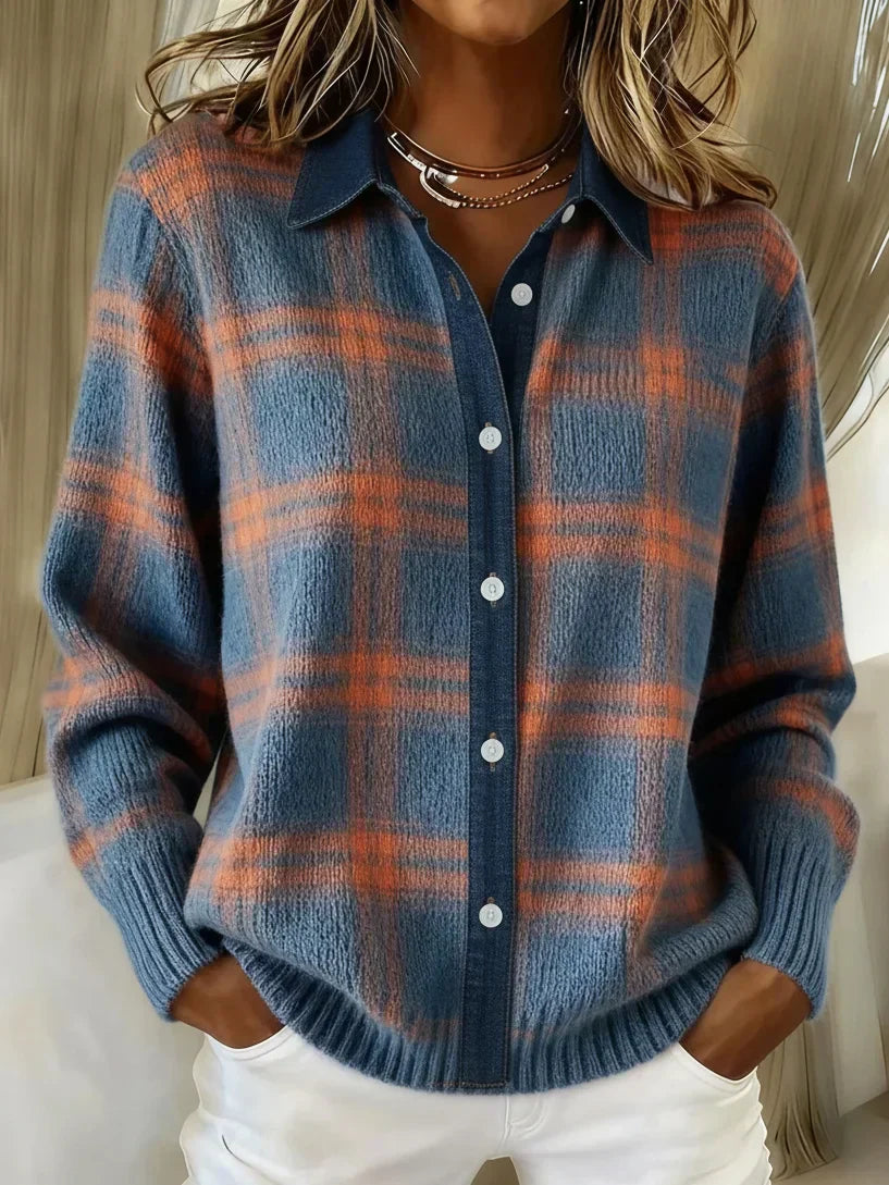 Melody Plaid Knit Button-Up Sweater – Relaxed Fit Ribbed Cuffs Collared Top