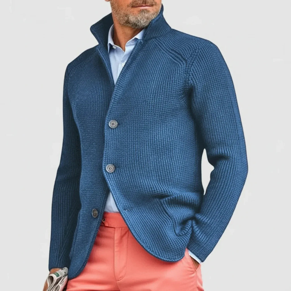 Mikael Button Ribbed Knit Cardigan – Stand-Collar Structured Layering Knitwear