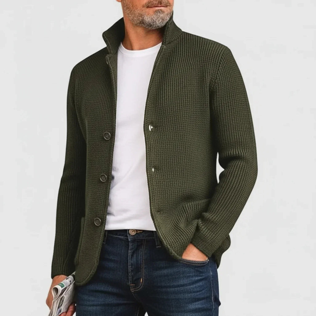 Mikael Button Ribbed Knit Cardigan – Stand-Collar Structured Layering Knitwear