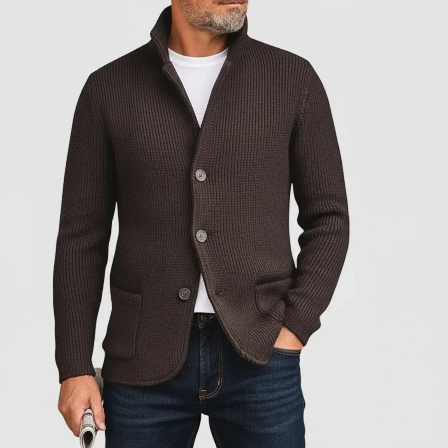 Mikael Button Ribbed Knit Cardigan – Stand-Collar Structured Layering Knitwear