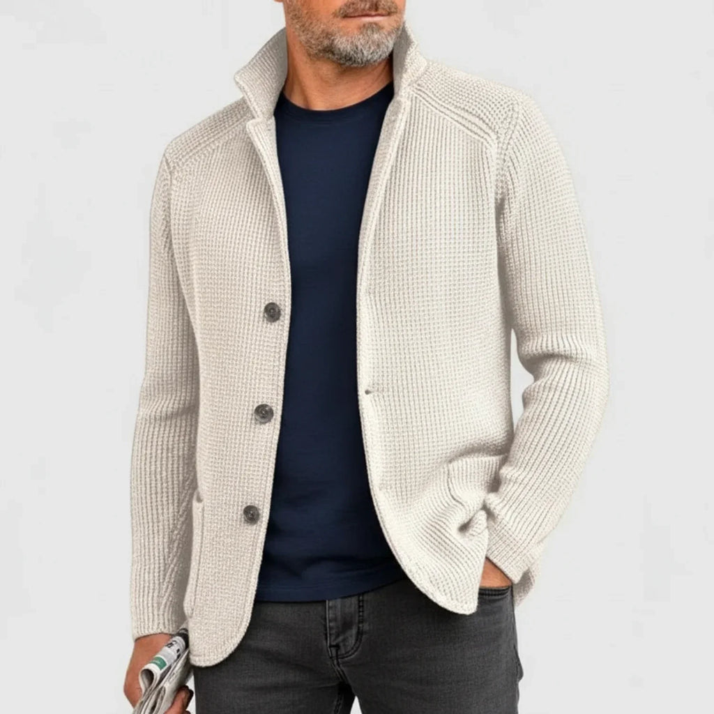 Mikael Button Ribbed Knit Cardigan – Stand-Collar Structured Layering Knitwear