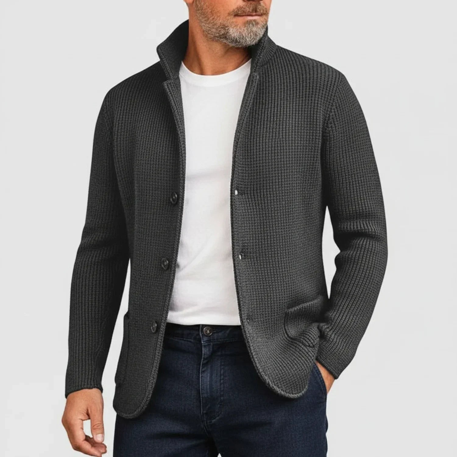 Mikael Button Ribbed Knit Cardigan – Stand-Collar Structured Layering Knitwear