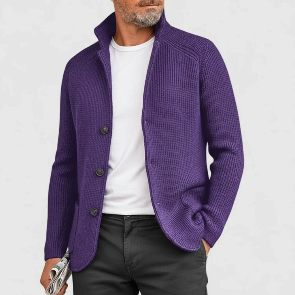 Mikael Button Ribbed Knit Cardigan – Stand-Collar Structured Layering Knitwear