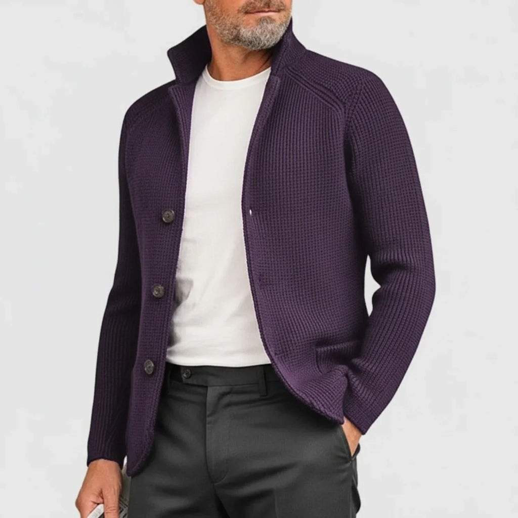 Mikael Button Ribbed Knit Cardigan – Stand-Collar Structured Layering Knitwear