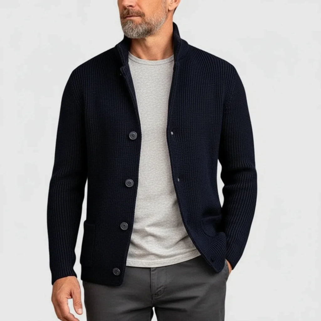 Mikael Button Ribbed Knit Cardigan – Stand-Collar Structured Layering Knitwear