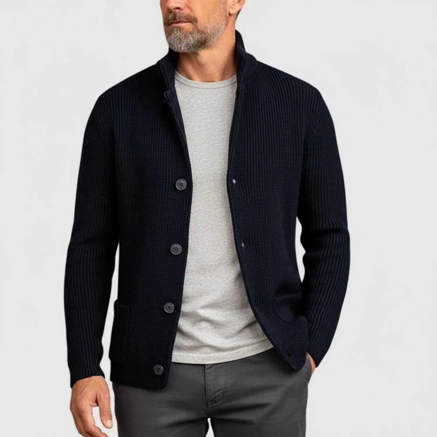 Mikael Button Ribbed Knit Cardigan – Stand-Collar Structured Layering Knitwear
