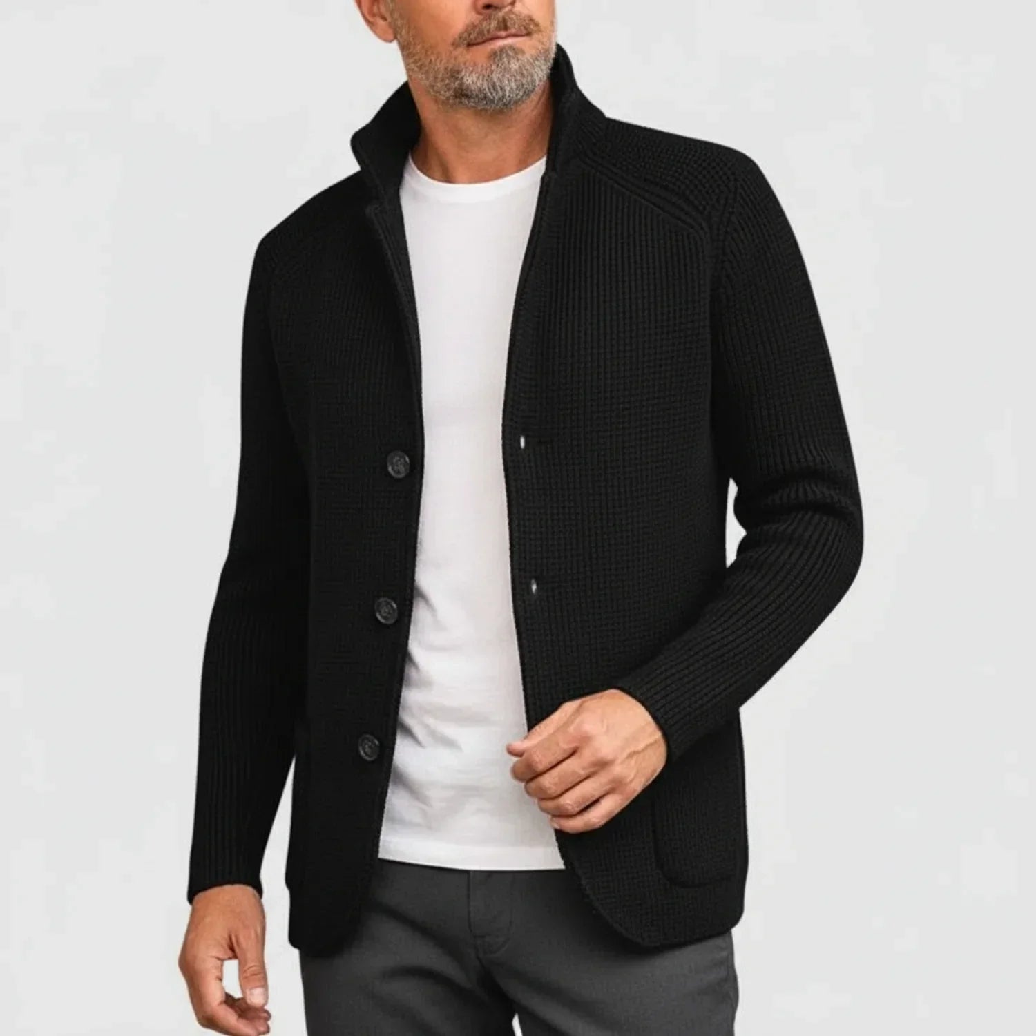 Mikael Button Ribbed Knit Cardigan – Stand-Collar Structured Layering Knitwear