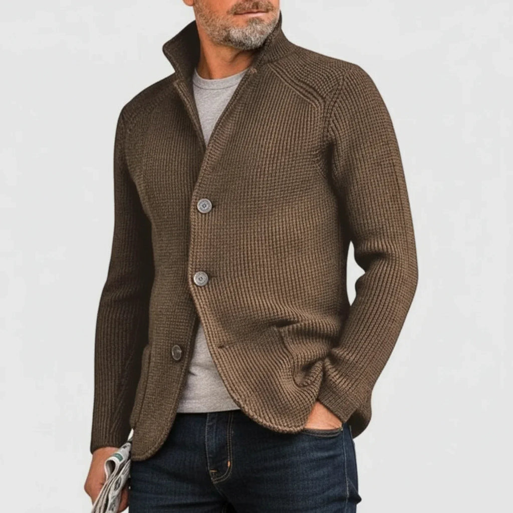 Mikael Button Ribbed Knit Cardigan – Stand-Collar Structured Layering Knitwear