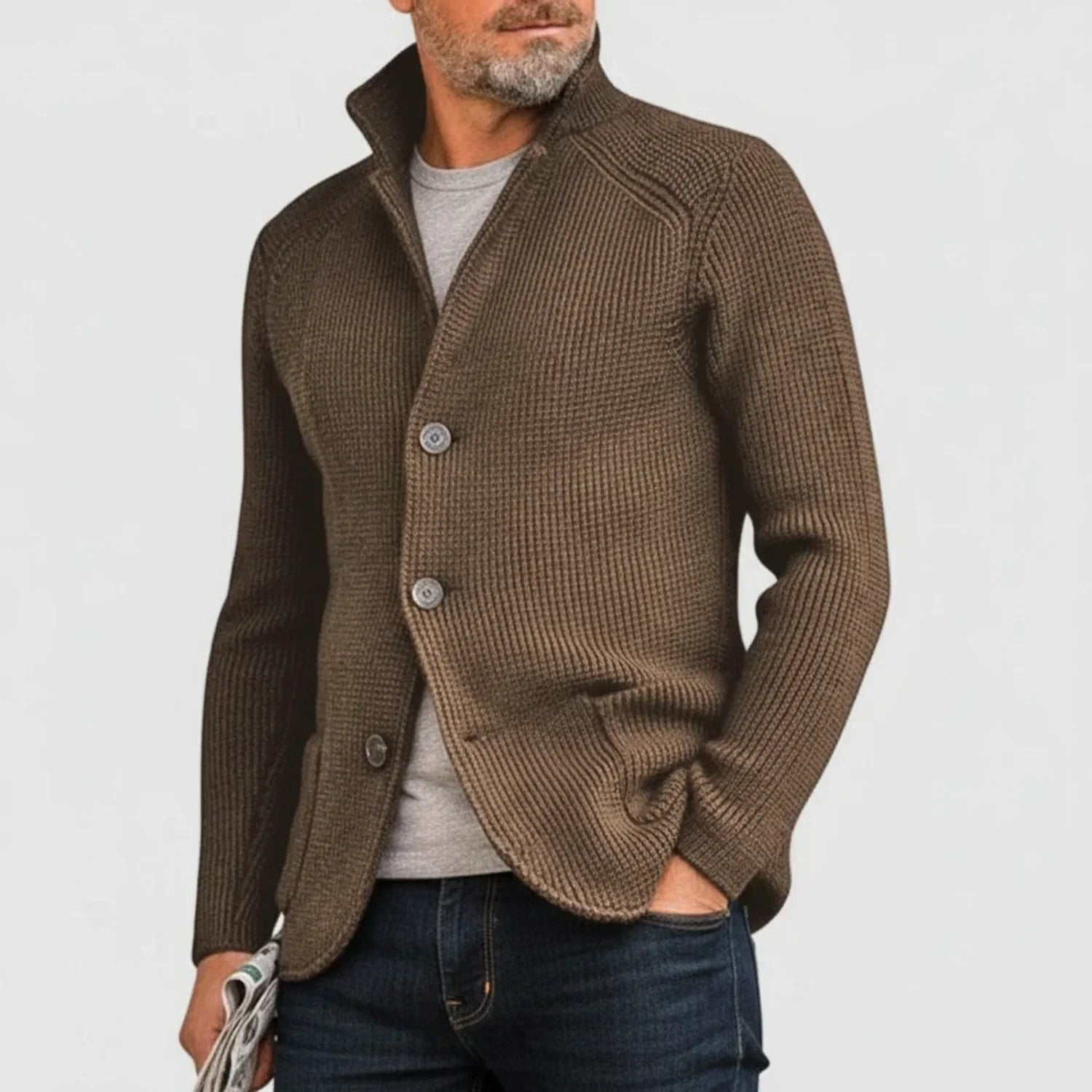 Mikael Button Ribbed Knit Cardigan – Stand-Collar Structured Layering Knitwear