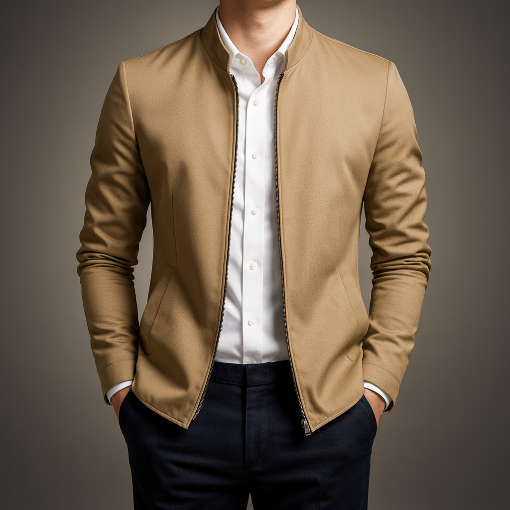 Mikael Cotton Blend Zip Jacket – Mandarin-Collar Tailored-Fit Outerwear