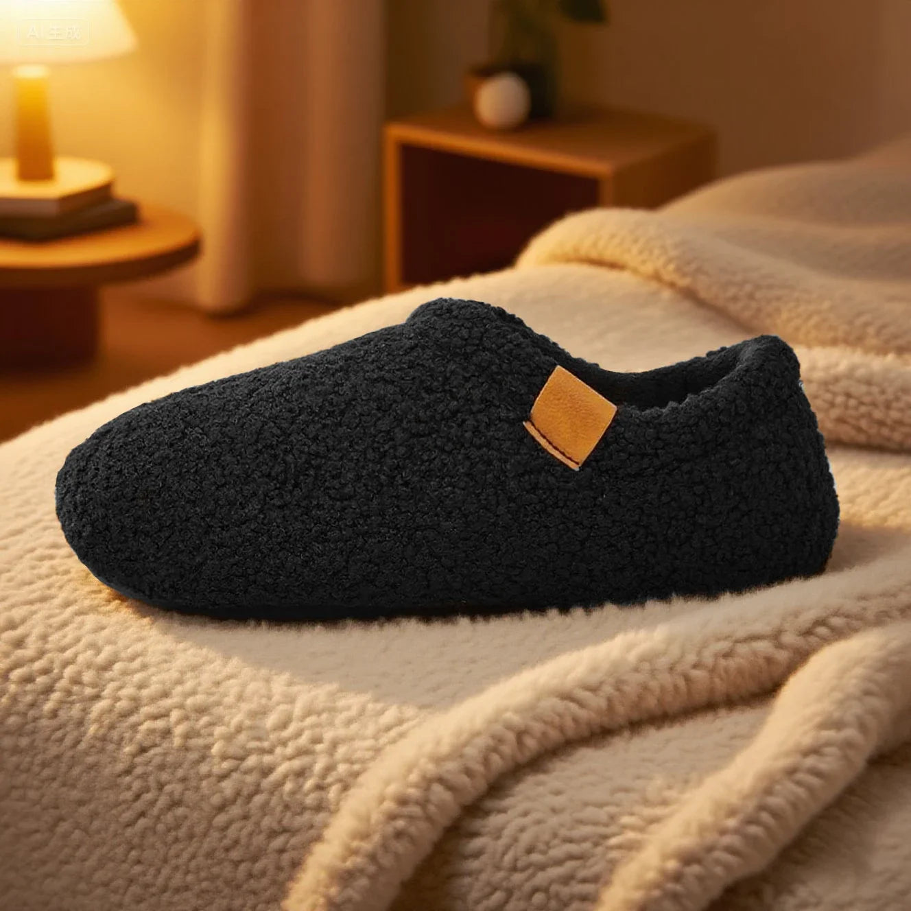 A black teddy fleece slide resting on a bed with a cozy blanket, in warm ambient lighting.