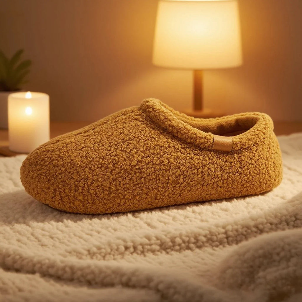 A mustard yellow teddy fleece slide resting on a fleece blanket, with a lit candle and lamp creating a warm ambiance.