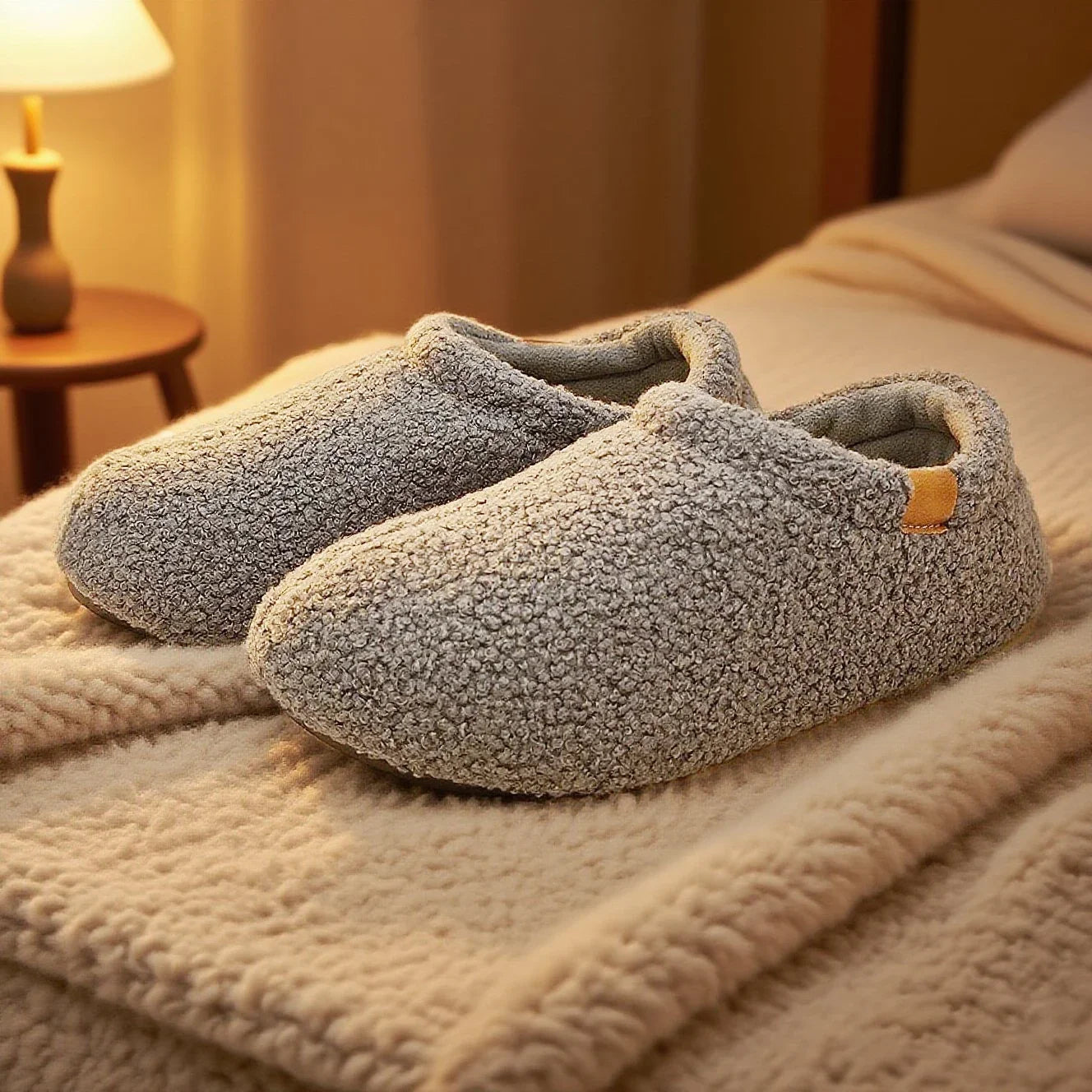 Pair of gray teddy fleece slides resting on a fleece blanket in a warmly lit bedroom.